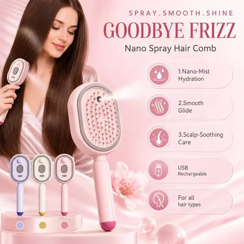 Electric Spray Air Cushions Massage Comb 3 in 1 Self Cleaning Steam Essential Oil Brush Rechargeable Spray Scalp Massager Combs