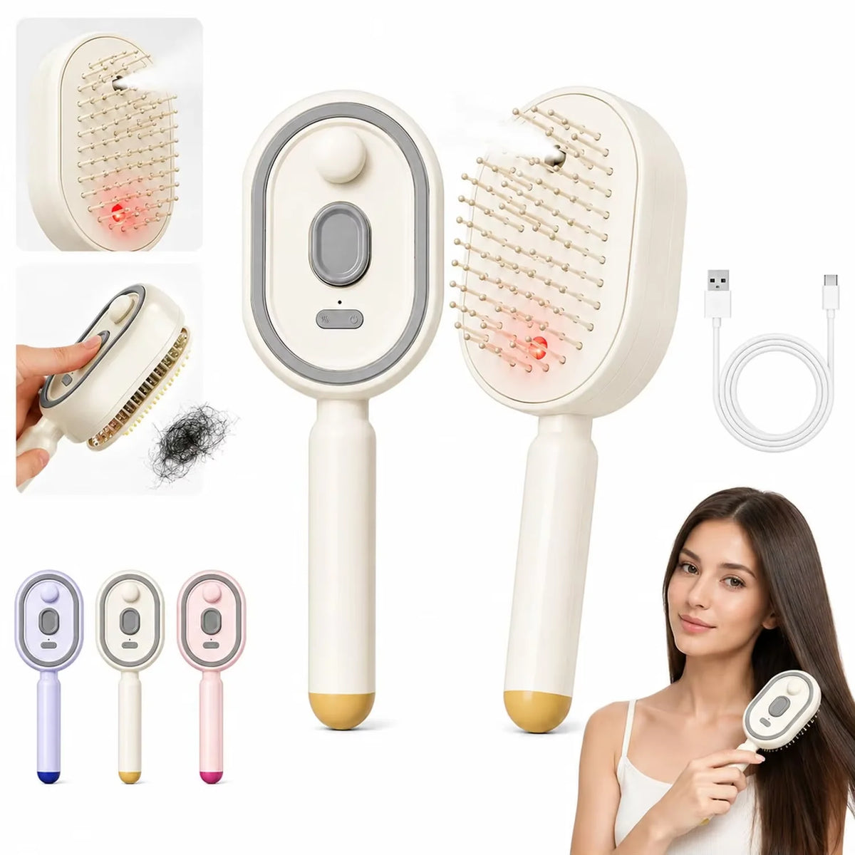 Electric Spray Air Cushions Massage Comb 3 in 1 Self Cleaning Steam Essential Oil Brush Rechargeable Spray Scalp Massager Combs